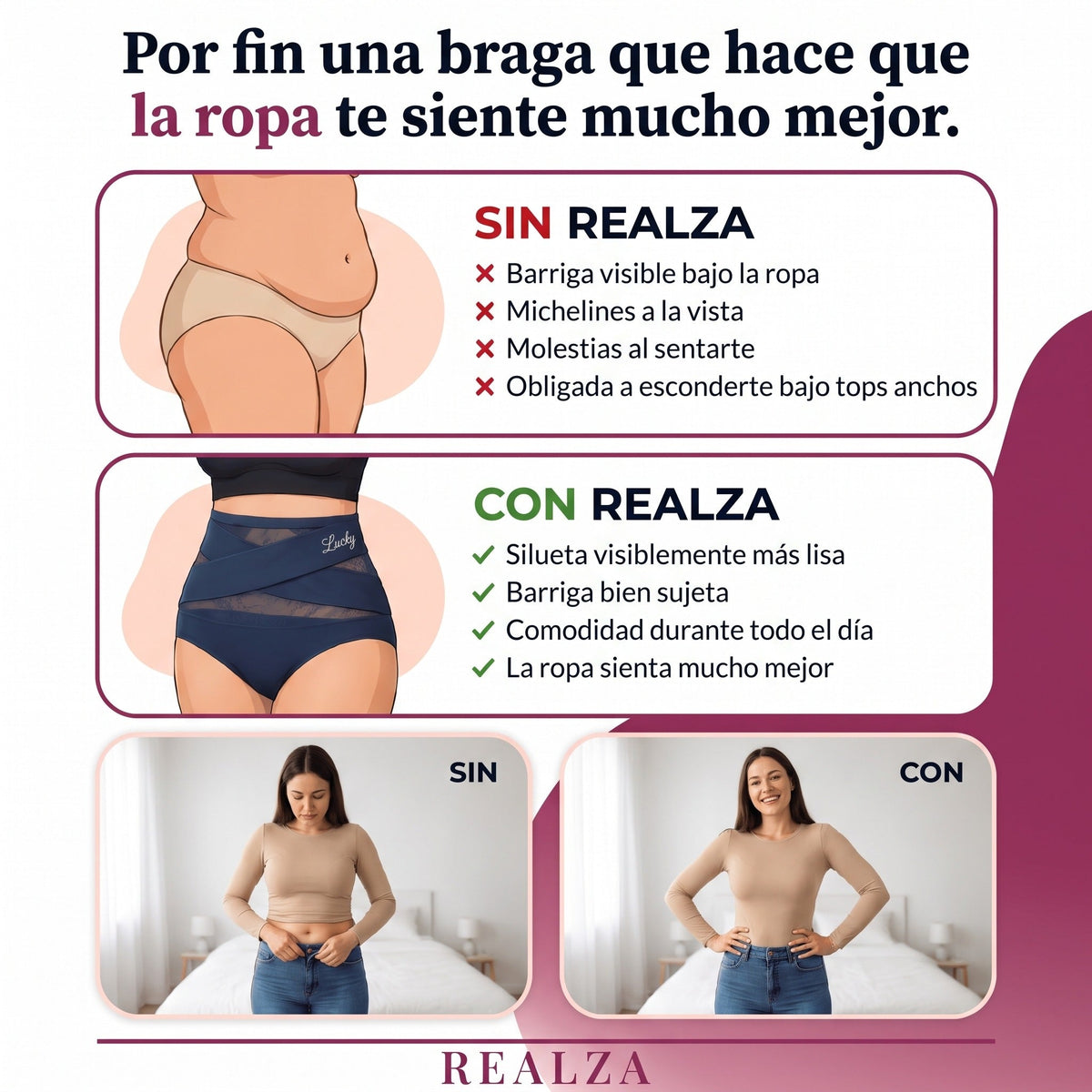Sin REALZA vs con REALZA — silueta más lisa, barriga sujeta, la ropa sienta mejor
