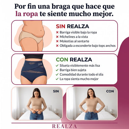 Sin REALZA vs con REALZA — silueta más lisa, barriga sujeta, la ropa sienta mejor