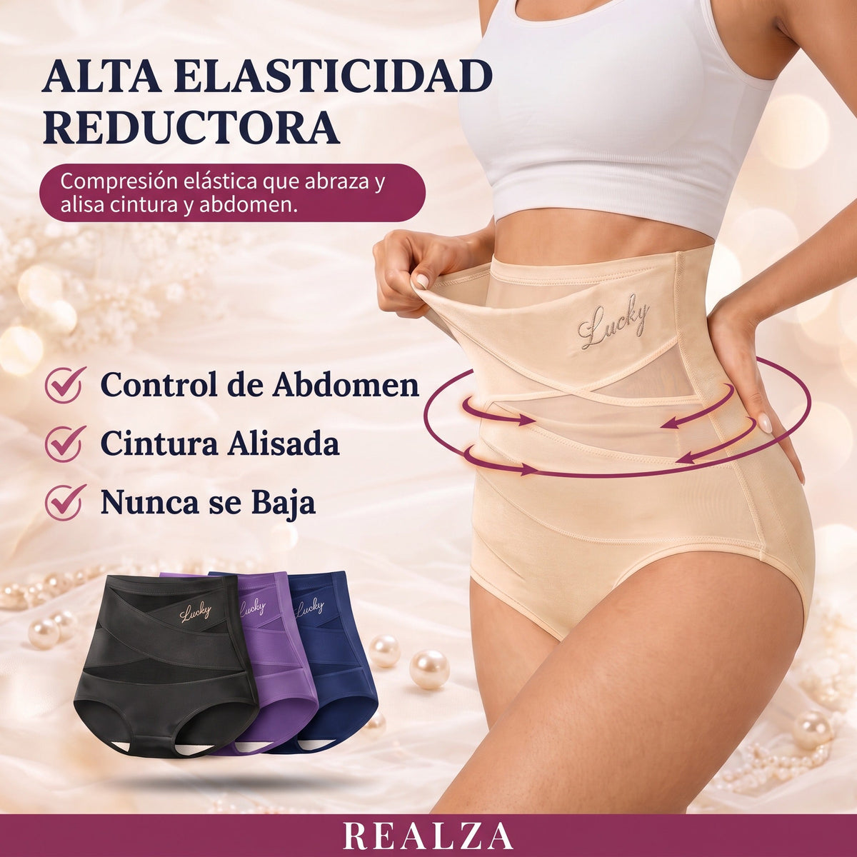 Alta elasticidad reductora — control de abdomen, cintura alisada, nunca se baja