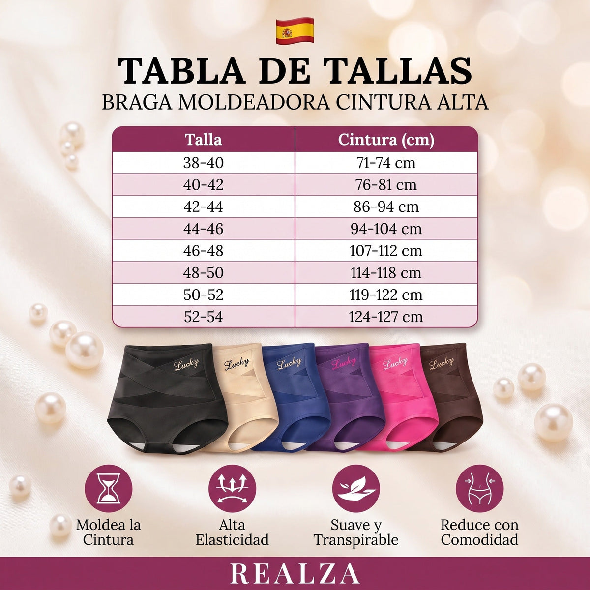 Tabla de tallas braga moldeadora cintura alta REALZA — talla 38-40 a 52-54, cintura 71 a 127 cm