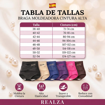 Tabla de tallas braga moldeadora cintura alta REALZA — talla 38-40 a 52-54, cintura 71 a 127 cm