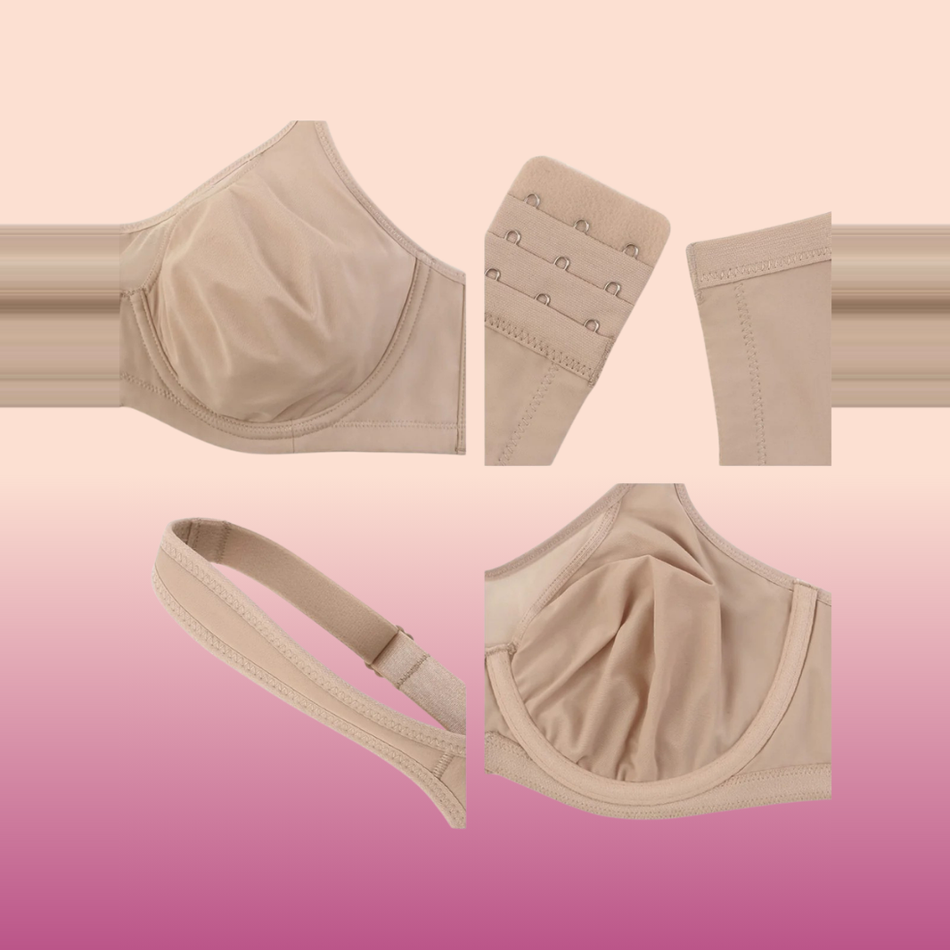 Sujetador minimizador REALZA beige — detalle de copa, cierre y tirante