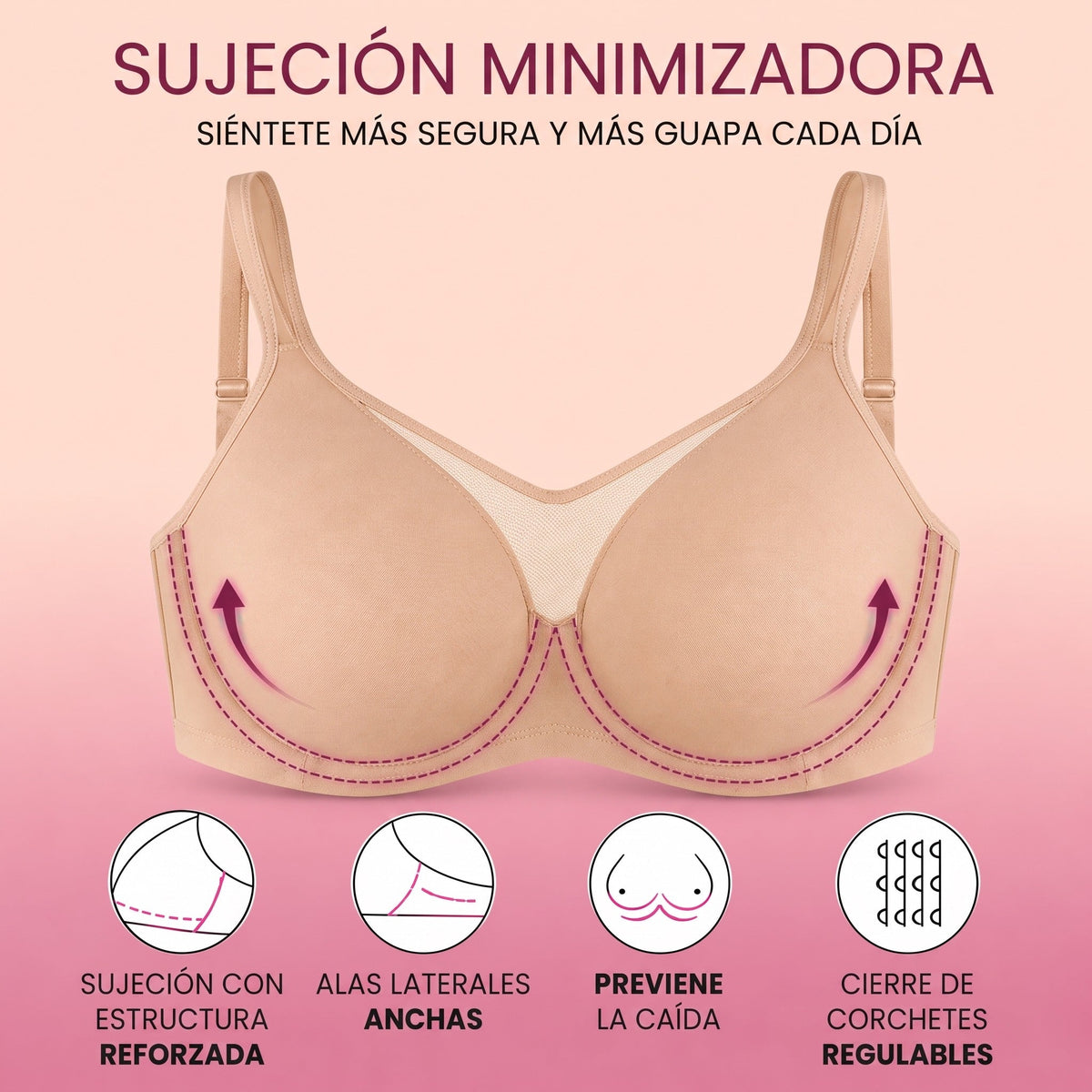 Sujetador minimizador REALZA — sujeción minimizadora: estructura reforzada, alas laterales anchas, previene la caída, corchetes regulables