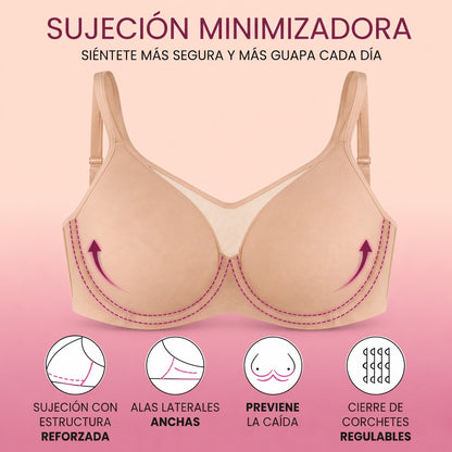 Sujetador minimizador REALZA — sujeción minimizadora: estructura reforzada, alas laterales anchas, previene la caída, corchetes regulables