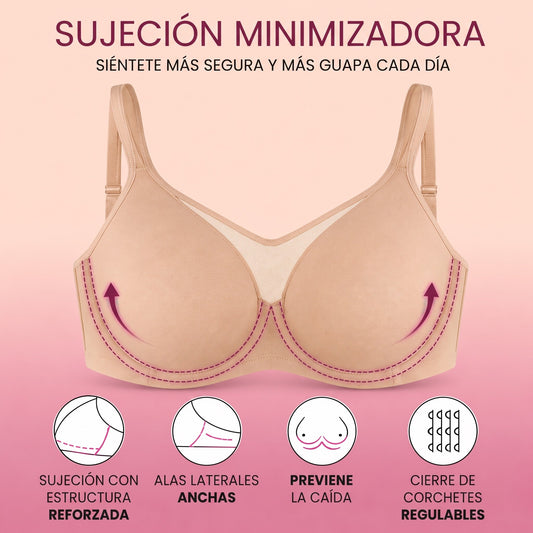 Sujetador minimizador REALZA — sujeción minimizadora: estructura reforzada, alas laterales anchas, previene la caída, corchetes regulables