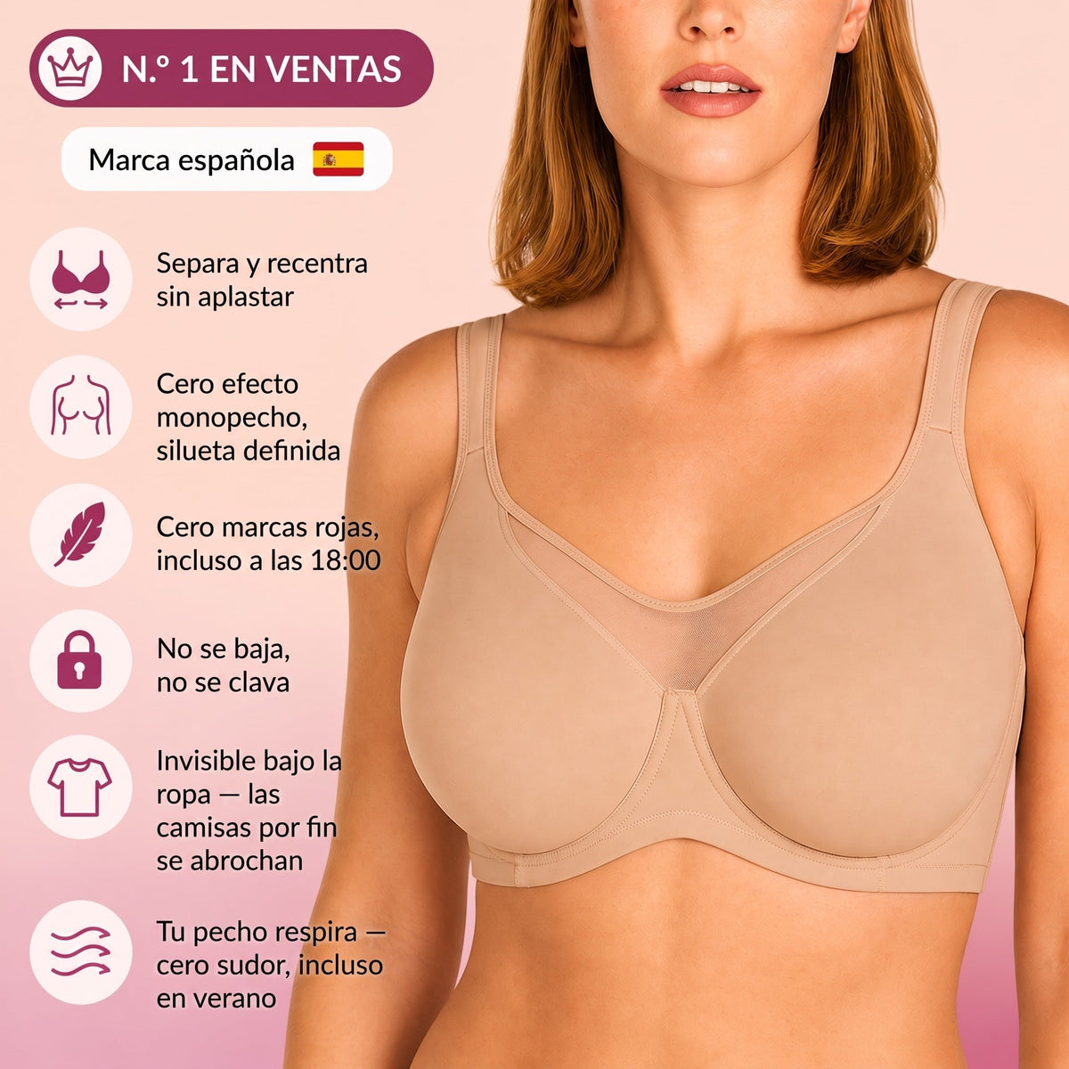 N.º 1 en ventas — separa y recentra sin aplastar, cero efecto monopecho, cero marcas rojas, no se baja, invisible bajo la ropa