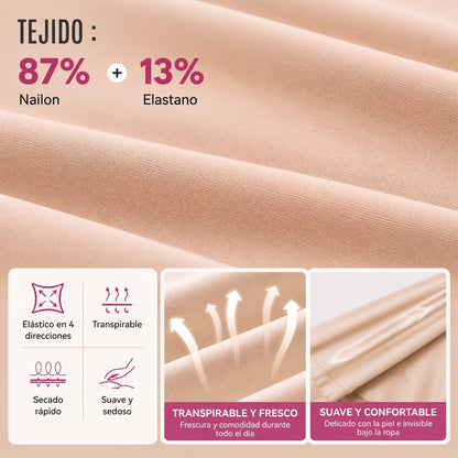Tejido 87 % nailon 13 % elastano — elástico en 4 direcciones, transpirable, secado rápido, suave y sedoso
